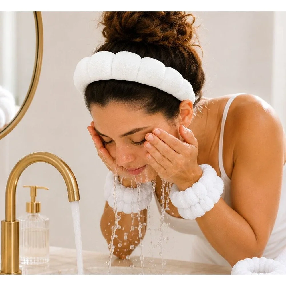 White Puffy Spa Headband & Wrist Wash Band Set Terry Cloth Makeup NEW